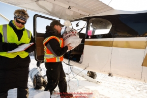 Leslie Washburn and Daniel Hayden work as the Iditarod Air Force flies out food and supplies to checkpoints on Saturday February 17th before the 2018 race from the Willow airport in Willow, Alaska Photo by Judy Patrick/SchultzPhoto.com  (C) 2018  ALL RIGHTS RESERVED