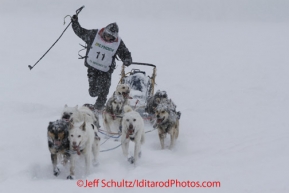 Sunday February 26, 2012 .  Conway Seavey gives a fist-pump with his ski pole as he nears the finish line to win the 2012 Junior Iditarod on Willow Lake, in Willow Alaska.