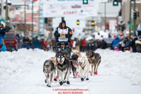 Ray Redington Jr. runs down 4th avenue during the ceremonial start of the 2018 Iditarod in Anchorage, Alaska on Saturday, March 3,  2018.Photo by Jeff Schultz/SchultzPhoto.com  (C) 2018  ALL RIGHTS RESERVED