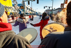The native group Kingkmiut singers and dancers of Anchorage perform at the starting line of the Ceremonial Start of the 2017 Iditarod in Anchorage on Saturday March 4, 2017 Photo by Jeff Schultz/SchultzPhoto.com  (C) 2017  ALL RIGHTS RESVERVED