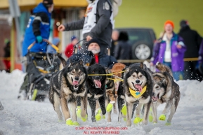 Brent Sass and team run down 4th avenue during the Ceremonial Start of the 2016 Iditarod in Anchorage, Alaska.  March 05, 2016