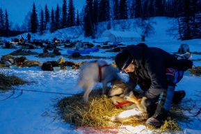 Volunteer veterinarian Chad Hunt examines an Aaaron Burmeister dog in the early morning hours on Monday, March 05, 2018 during the 2018 Iditarod Race. Photo by Jeff Schultz/SchultzPhoto.com  (C) 2018  ALL RIGHTS RESERVED