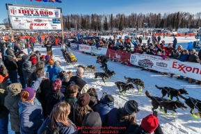 Brent Sass leaves the start line on Willow Lake during the Re-Start of the 2016 Iditarod in Willow, Alaska.  March 06, 2016