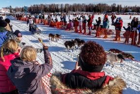 The crowd claps and cheers on Mike Williams Jr. as he leaves the start during the Re-Start of the 2016 Iditarod in Willow, Alaska.  March 06, 2016