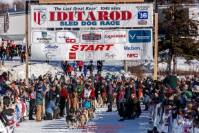 Kristin Bacon leaves the start line during the Re- Start of the 2016 Iditarod in Willow, Alaska.  March 06, 2016