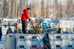 Ed Stielstra readies his Justin Stielstra's team in the staging area prior to the re-start of the 2017 Iditarod in Fairbanks, Alaska at PikeÂs Landing on Monday March 6, 2017.Photo by Jeff Schultz/SchultzPhoto.com  (C) 2017  ALL RIGHTS RESVERVED