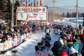 Cody Strathe leaves the re-start line of the 2017 Iditarod in Fairbanks, Alaska at PikeÂs Landing on Monday March 6, 2017.Photo by Jeff Schultz/SchultzPhoto.com  (C) 2017  ALL RIGHTS RESVERVED