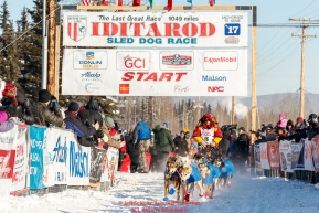Mitch Seavey leaves the re-start line of the 2017 Iditarod in Fairbanks, Alaska at PikeÂs Landing on Monday March 6, 2017.Photo by Jeff Schultz/SchultzPhoto.com  (C) 2017  ALL RIGHTS RESVERVED
