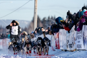 Dallas Seavey leaves the re-start line of the 2017 Iditarod in Fairbanks, Alaska at PikeÂs Landing on Monday March 6, 2017.Photo by Jeff Schultz/SchultzPhoto.com  (C) 2017  ALL RIGHTS RESVERVED
