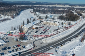 An aerial photo shows the start line along Airport Way and the Chena River during the re-start of the 2017 Iditarod in Fairbanks, Alaska at PikeÂs Landing on Monday March 6, 2017.Photo by Jeff Schultz/SchultzPhoto.com  (C) 2017  ALL RIGHTS RESVERVED