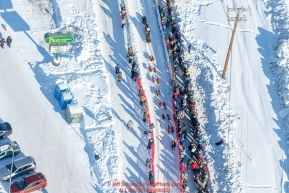 This aerial photo show a dog team after leaving the re-start in Fairbanks, Alaska on the way to the first checkpoint of Nenana on Monday March 6, 2017Photo by Jeff Schultz/SchultzPhoto.com  (C) 2017  ALL RIGHTS RESVERVED