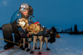 Volunteer Veterinarian Harvey Goho checks out a Ketil Reitan dog in the morning at the Finger Lake checkpoint at Winterlake Lodge during Iditarod 2016.  Alaska.  March 07, 2016.  Photo by Jeff Schultz (C) 2016 ALL RIGHTS RESERVED