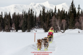 Monica Zappa on Finger Lake just before the checkpoint at Winterlake Lodge during the 2016 Iditarod.  Alaska.  March 07, 2016.  Photo by Jeff Schultz (C) 2016 ALL RIGHTS RESERVED