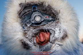 The ice on Nicolas Petit shows just how cold it is at the checkpoint in Manley Hot Springs during the 2017 Iditarod on Tuesday March 7, 2017.Photo by Jeff Schultz/SchultzPhoto.com  (C) 2017  ALL RIGHTS RESVERVED