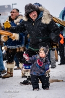 The youngest dancer knows all the moves during the performance just prior to the kickoff of the ceremonial start in Anchorage, AK of the 2020 Iditarod.