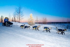 Linwood Fiedler runs down the trail leaving the Tanana checkpoint during the 2017 Iditarod on Wednesday morning March 8, 2017.Photo by Jeff Schultz/SchultzPhoto.com  (C) 2017  ALL RIGHTS RESERVED