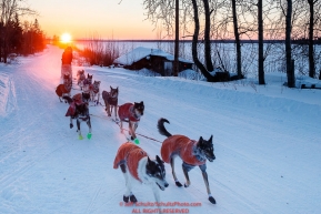 Trent Herbst runs down the road as the sunrises on his way into Tanana during the 2017 Iditarod on Wednesday morning March 8, 2017.Photo by Jeff Schultz/SchultzPhoto.com  (C) 2017  ALL RIGHTS RESERVED