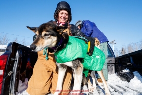 Volunteer vets Caroline Tonozzi and Amy Richardson take a group of dropped dogs to the airport at the Tanana checkpoint during the 2017 Iditarod on Wednesday March 8, 2017.Photo by Jeff Schultz/SchultzPhoto.com  (C) 2017  ALL RIGHTS RESERVED