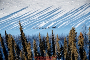 A dog team runs through the long shadows of the trees on the Yukon River between Tanana and Ruby during the 2017 Iditarod on Wednesday March 8, 2017.Photo by Jeff Schultz/SchultzPhoto.com  (C) 2017  ALL RIGHTS RESERVED