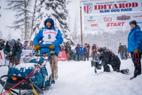 Veteran Ramey Smyth of Willow coming out of the chutes at the re-start of the 2020 Iditarod in Willow, Alaska.