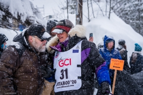 Musher Jessie Royer and Race Marshal Mark Nordman right before taking off a the re-start of the 2020 Iditarod in Willow, Alaska.