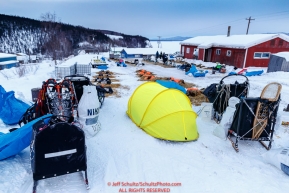 Dog teams rest at the Ruby checkpoint during the 2017 Iditarod on Thursday morning March 9, 2017 and Martin Buser's tent is in the foreground.Photo by Jeff Schultz/SchultzPhoto.com  (C) 2017  ALL RIGHTS RESERVED