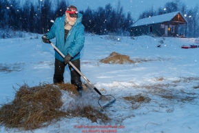 Volunteer Chris Kelley rakes used straw in the morning during a snowfall at the Iditarod checkpoint on Friday, March 9th during the 2018 Iditarod Sled Dog Race -- AlaskaPhoto by Jeff Schultz/SchultzPhoto.com  (C) 2018  ALL RIGHTS RESERVED