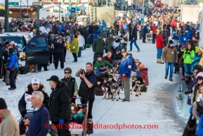 Paige Drobny prepares to leave the ceremonial start line during Iditarod 2014 along Fourth Avenue in Anchorage, Alaska.Iditarod Sled Dog Race 2014PHOTO (c) BY JEFF SCHULTZ/IditarodPhotos.com -- REPRODUCTION PROHIBITED WITHOUT PERMISSION