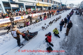 Dan Kaduce of Chatanika, Alaska, leaves the starting chute during the Iditarod 2014 Ceremonial start in Anchorage, Alaska.Iditarod Sled Dog Race 2014PHOTO (c) BY JEFF SCHULTZ/IditarodPhotos.com -- REPRODUCTION PROHIBITED WITHOUT PERMISSION