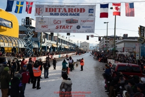 Matt Hall leaves the start line on 4th avenue during the 2019 ceremonial start of the Iditarod  in downtown Anchorage, Alaska on Saturday March 2..Photo by Jeff Schultz/  (C) 2019  ALL RIGHTS RESERVED