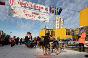 Mats Pettersson leaves the start line on 4th avenue during the ceremonial start of the 2019 Iditarod in downtown Anchorage, Alaska on Saturday March 2.Photo by Jeff Schultz/  (C) 2019  ALL RIGHTS RESERVED