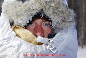 Saturday March 10, 2012  Nicholas Petit all bundled up into a tunnel in Galena. Iditarod 2012.