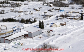 Saturday March 10, 2012  Aerial view of Rick Swenson leaving the Yukon River and approaching the Nulato checkpoint.  Iditarod 2012.