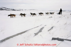 Norwegian musher Joar Leifseth Ulsom, a rookie, runs on the slough shortly after leaving the Unalakleet checkpoint on Sunday March 10, 2013.Iditarod Sled Dog Race 2013Photo by Jeff Schultz copyright 2013 DO NOT REPRODUCE WITHOUT PERMISSION