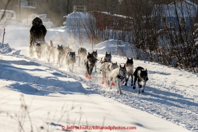 Curt Perrano is backlit with steam rising from the dog's at 30 below zero as he leaves in the early morning from the checkpoint in Manley Hot Springs on March 10, 2015.  This is the second checkpoint of the 2015 Iditarod.(C) Jeff Schultz/SchultzPhoto.com - ALL RIGHTS RESERVED DUPLICATION  PROHIBITED  WITHOUT  PERMISSION