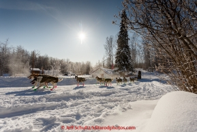 Rick Casillo runs past the hot springs and steam rising as he leaves the checkpoint in Manley Hot Springs on March 10, 2015.   2015 Iditarod.(C) Jeff Schultz/SchultzPhoto.com - ALL RIGHTS RESERVED DUPLICATION  PROHIBITED  WITHOUT  PERMISSION