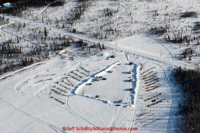 This aerial photo shows dogs are neatly parked in rows at Manley Hot Springs thanks to the efforts of Joee Redington Jr. and the crew at Manley on March 10, 2015.  This is the second checkpoint of the 2015 Iditarod.(C) Jeff Schultz/SchultzPhoto.com - ALL RIGHTS RESERVED DUPLICATION  PROHIBITED  WITHOUT  PERMISSION