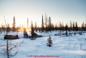 Ken Anderson's team runs down the trail on the way in to Manley at sunrise with his dog cooker smoking behind him on Tuesday March 10, 2015 during the 2015 Iditarod.(C) Jeff Schultz/SchultzPhoto.com - ALL RIGHTS RESERVED DUPLICATION  PROHIBITED  WITHOUT  PERMISSION