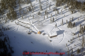 Sunday March 11, 2012  Aerial view of Old Woman Cabin, where it appears dog teams are resting mid-day. Iditarod 2012.