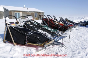 Sunday March 11, 2012  Sleds lined up and ready for their owners. Because conditions are different along the coast, many mushers ship a sled to Unalakleet. It is often different from the one they've been using in the race to this point.   Iditarod 2012.