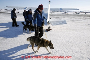 Dropped dog handlers take dogs out of pilot Kevin Scheely's plane at the Unalakleet checkpoint on Monday March 11, 2013.Iditarod Sled Dog Race 2013Photo by Jeff Schultz copyright 2013 DO NOT REPRODUCE WITHOUT PERMISSION