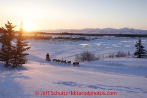 Kelley Griffin runs on the trail at sunrise as she gets closer to the Unalakleet checkpoint on Monday morning March 11, 2013.Iditarod Sled Dog Race 2013Photo by Jeff Schultz copyright 2013 DO NOT REPRODUCE WITHOUT PERMISSION