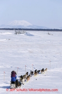 Karin Hendrickson runs on the slough just after leaving the Shaktoolik checkpoint on Monday March 11, 2013.Iditarod Sled Dog Race 2013Photo by Jeff Schultz copyright 2013 DO NOT REPRODUCE WITHOUT PERMISSION