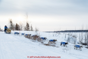 Seth Barnes runs down the bank of the Yukon river as he leaves the Tanana checkpoint on Wednesday morning  March 11th during the 2015 Iditarod.(C) Jeff Schultz/SchultzPhoto.com - ALL RIGHTS RESERVED DUPLICATION  PROHIBITED  WITHOUT  PERMISSION