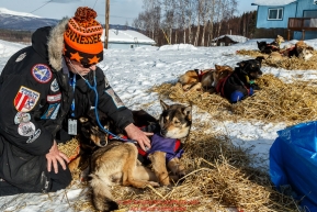 Veterinarian Gayle Tate examines a Kelly Maixner dog at Ruby on Friday March 11th during Iditarod 2016.  Alaska.    Photo by Jeff Schultz (C) 2016  ALL RIGHTS RESERVED