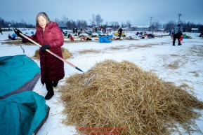 Huslia resident Margie Ambrose volunteers to clean up straw at the Huslia checkpoint during the 2017 Iditarod on Saturday morning March 11, 2017.Photo by Jeff Schultz/SchultzPhoto.com  (C) 2017  ALL RIGHTS RESERVED