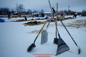 Tools of the trade of the dog lot clean-up crew sit at the ready at the Huslia checkpoint during the 2017 Iditarod on Saturday morning March 11, 2017.Photo by Jeff Schultz/SchultzPhoto.com  (C) 2017  ALL RIGHTS RESERVED
