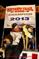 Mitch Seavey with his lead dogs Tanner, left, and Taurus after arriving in Nome first and winning his second Iditarod sled dog race on Tuesday March 12, 2013. Seavey made the journey from Willow in 9 days, 7 hours, 39 minutes, 56 seconds. Iditarod Sled Dog Race 2013Photo by Jeff Schultz copyright 2013 DO NOT REPRODUCE WITHOUT PERMISSION