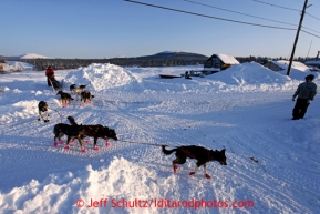 Lance Mackey crosses the road and heads down the bank onto the Bering Sea  as he leaves the Elim checkpoint on Tuesday March 12, 2013.Iditarod Sled Dog Race 2013Photo by Jeff Schultz copyright 2013 DO NOT REPRODUCE WITHOUT PERMISSION