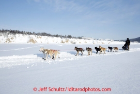 Ramey Smyth runs on the sea ice after leaving the Elim checkpoint on Tuesday March 12, 2013.Iditarod Sled Dog Race 2013Photo by Jeff Schultz copyright 2013 DO NOT REPRODUCE WITHOUT PERMISSION